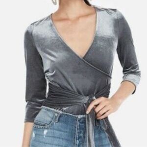 Express Gray Velvet Wrap Top Tie Waist Party Holiday Size L NWT